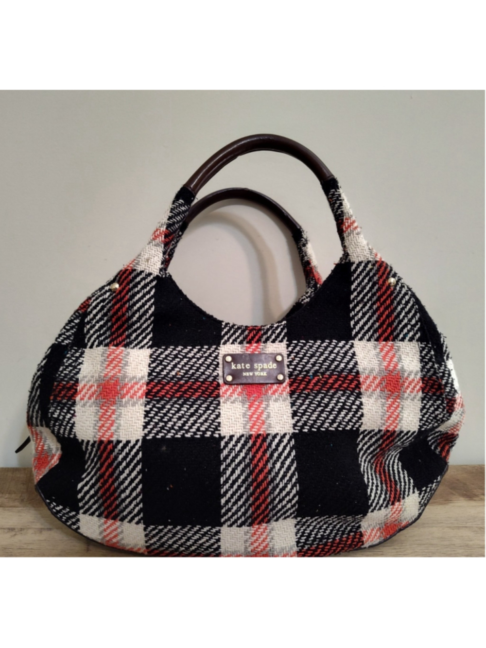 Kate Spade Black Red and White Tweed and Leather Hobo Handbag